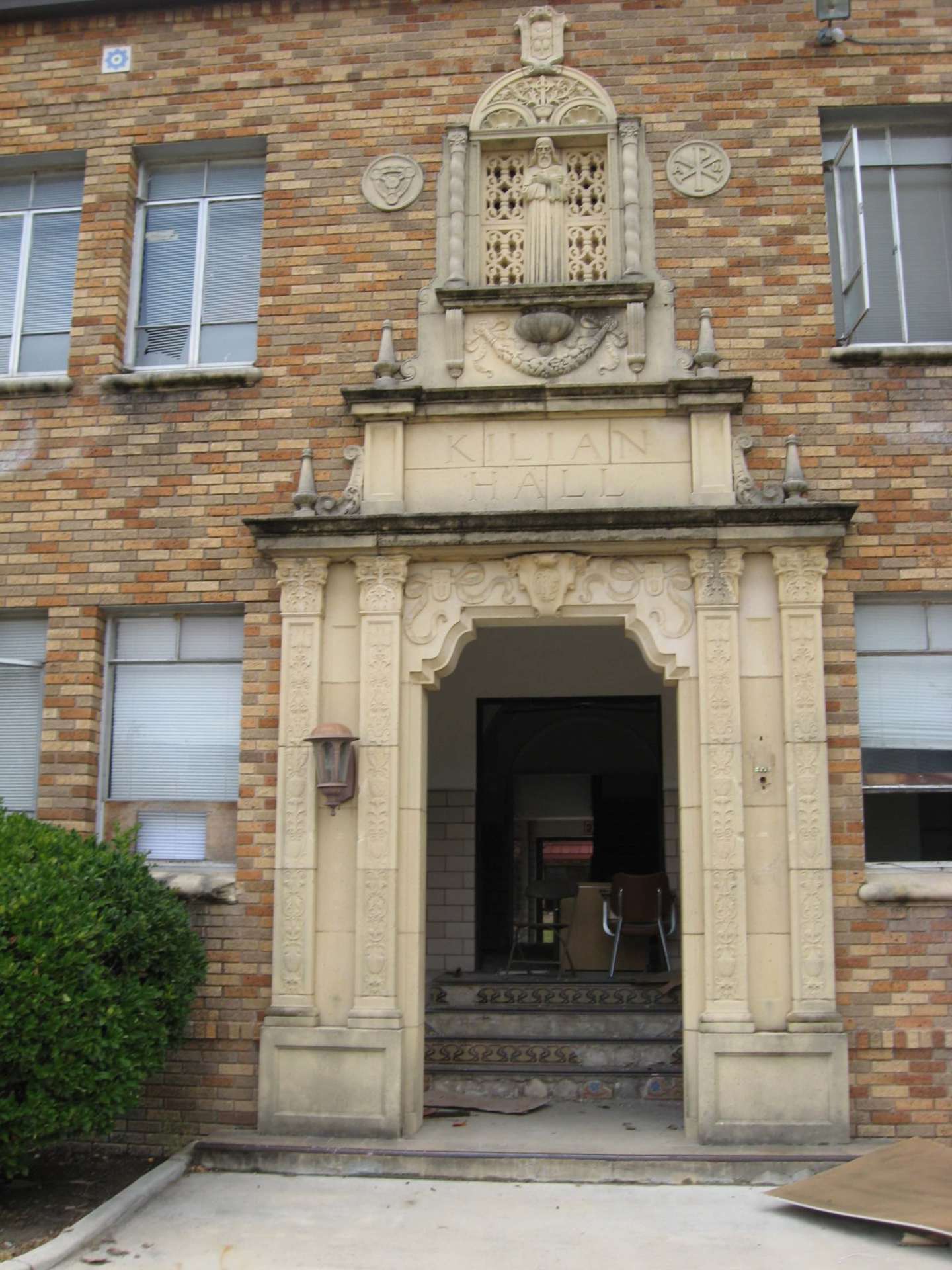The ornate entrance to Kilian Hall on the old campus’s last day