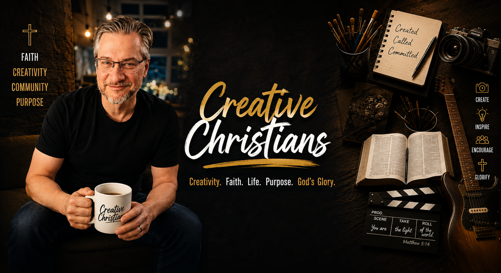 Creative Christians show art with Tim Ristow and a mug, brushes, a Bible, and a clapperboard