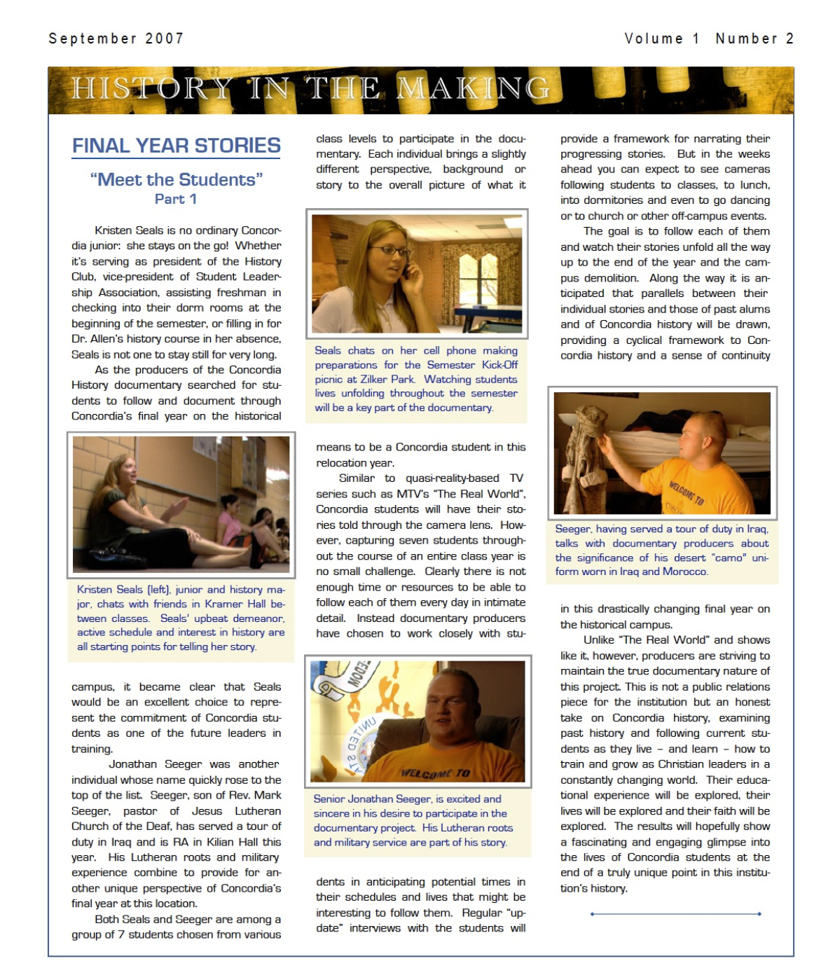 A page from the History in the Making newsletter, September 2007